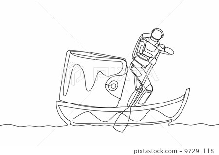 Single one line drawing young astronaut sailing away on boat with purse. Money management in spaceship company. Cosmic galaxy space concept. Modern continuous line design graphic vector illustration Single one line drawing young astronaut sailing away on boat with purse. Money management in spaceship company. Cosmic galaxy space concept. Modern continuous line design graphic vector illustration 97291118