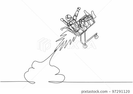 Single continuous line drawing young astronaut riding shopping trolley rocket flying in moon surface. Shop necessities for space exploration. Cosmonaut deep space. One line design vector illustration Single continuous line drawing young astronaut riding shopping trolley rocket flying in moon surface. Shop necessities for space exploration. Cosmonaut deep space. One line design vector illustration 97291120