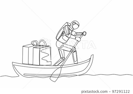 Single continuous line drawing astronaut sailing away on boat with gift box. Prizes for cosmonauts who have successfully explored outer space. Cosmonaut deep space. One line design vector illustration Single continuous line drawing astronaut sailing away on boat with gift box. Prizes for cosmonauts who have successfully explored outer space. Cosmonaut deep space. One line design vector illustration 97291122