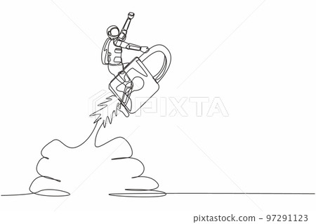 Single one line drawing young astronaut riding padlock rocket flying in moon surface. Improving the safety of spacecraft launches. Cosmic galaxy space. Continuous line draw design vector illustration 97291123