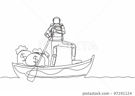 Single one line drawing of young astronaut sailing away on boat with money bag. Financial success in spaceship mission. Cosmic galaxy space concept. Continuous line design graphic vector illustration Single one line drawing of young astronaut sailing away on boat with money bag. Financial success in spaceship mission. Cosmic galaxy space concept. Continuous line design graphic vector illustration 97291124