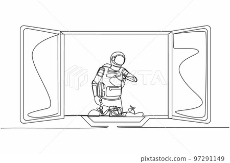 Single continuous line drawing young astronaut watering flowers on the balcony in moon surface. Home green garden, house plants growing. Cosmonaut deep space. One line draw design vector illustration 97291149