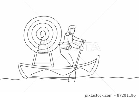 Continuous one line drawing businesswoman sailing away on boat with dartboard target. Strategic planning company to win competition. Business mission. Single line design vector graphic illustration Continuous one line drawing businesswoman sailing away on boat with dartboard target. Strategic planning company to win competition. Business mission. Single line design vector graphic illustration 97291190