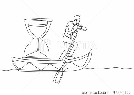 Continuous one line drawing businessman standing in boat and sailing with hourglass. Manager escape from deadline. Motivation to go forward. Running out of time. Single line design vector illustration Continuous one line drawing businessman standing in boat and sailing with hourglass. Manager escape from deadline. Motivation to go forward. Running out of time. Single line design vector illustration 97291192