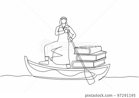 Single continuous line drawing Arab businessman sailing away on boat with pile of books. Intellectual progress by getting used to reading book. Education concept. One line design vector illustration Single continuous line drawing Arab businessman sailing away on boat with pile of books. Intellectual progress by getting used to reading book. Education concept. One line design vector illustration 97291195