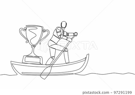 Single continuous line drawing smart robot sailing away on boat with winning trophy. Victory reward for space exploration missions. Artificial smart droid. One line graphic design vector illustration 97291199