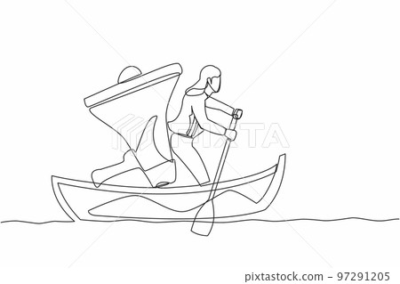 Single one line drawing businesswoman sailing away on boat with megaphone. Command leader, control through megaphone, leadership and teamwork. Continuous line draw design vector graphic illustration 97291205