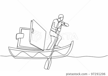 Continuous one line drawing businessman sailing away on boat with wallet. Office worker with financial problem due to economic crisis. Lack of paper money. Single line draw design vector illustration 97291206