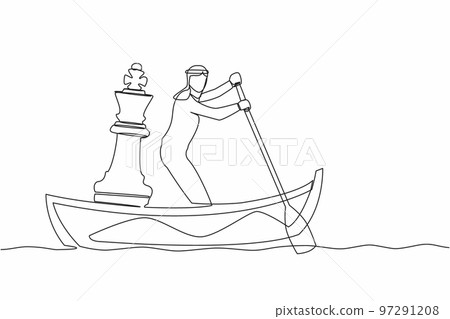 Single one line drawing Arab businessman sailing away on boat with chess king piece. Company strategy or tactical move to winning business competition. Continuous line draw design vector illustration Single one line drawing Arab businessman sailing away on boat with chess king piece. Company strategy or tactical move to winning business competition. Continuous line draw design vector illustration 97291208