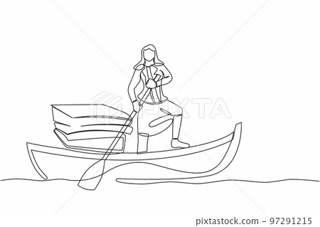 Single continuous line drawing businesswoman sailing away on boat with stack of papers. Busy office worker manage documents, paperwork. Overworked concept. One line graphic design vector illustration Single continuous line drawing businesswoman sailing away on boat with stack of papers. Busy office worker manage documents, paperwork. Overworked concept. One line graphic design vector illustration 97291215