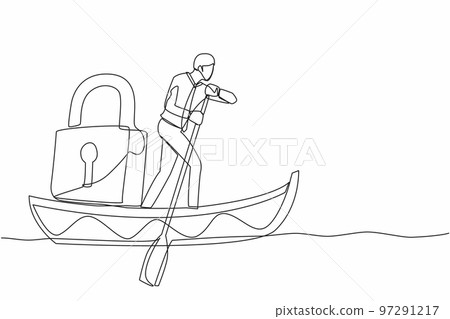 Single one line drawing businessman standing in boat and sailing with padlock. Shipping protection at ocean from pirate. Security in business at sea. Continuous line design graphic vector illustration Single one line drawing businessman standing in boat and sailing with padlock. Shipping protection at ocean from pirate. Security in business at sea. Continuous line design graphic vector illustration 97291217