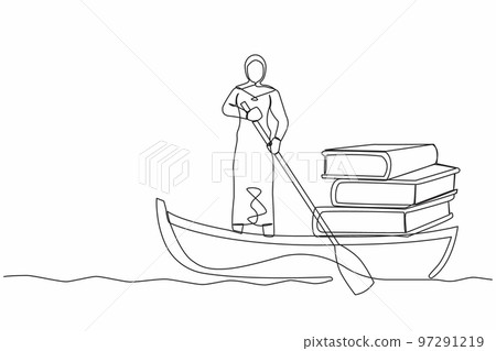 Single continuous line drawing Arab businesswoman standing in boat and sailing with books stack. Success manager with extensive knowledge. Study and growth. One line graphic design vector illustration Single continuous line drawing Arab businesswoman standing in boat and sailing with books stack. Success manager with extensive knowledge. Study and growth. One line graphic design vector illustration 97291219