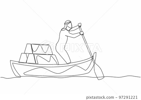 Continuous one line drawing Arab businessman sailing away on boat with stack of golden bullion. Gold investment concept. Office worker planning future finance. Single line design vector illustration 97291221