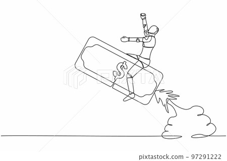 Continuous one line drawing robot riding banknote money rocket flying in the sky. Tech investment opportunity. Humanoid robot cybernetic organism. Single line draw design vector graphic illustration Continuous one line drawing robot riding banknote money rocket flying in the sky. Tech investment opportunity. Humanoid robot cybernetic organism. Single line draw design vector graphic illustration 97291222
