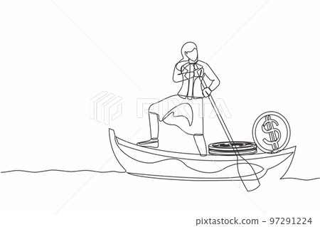 Continuous one line drawing businesswoman sailing away on boat with pile of dollar coins. Criminal stole golden coins from bank. Corruption, robber. Single line draw design vector graphic illustration Continuous one line drawing businesswoman sailing away on boat with pile of dollar coins. Criminal stole golden coins from bank. Corruption, robber. Single line draw design vector graphic illustration 97291224