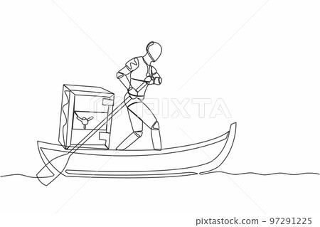 Single one line drawing intelligence robot standing in boat and sailing with safe deposit box. Escape with money. Criminal stole golden coin from bank. Continuous line draw design vector illustration 97291225