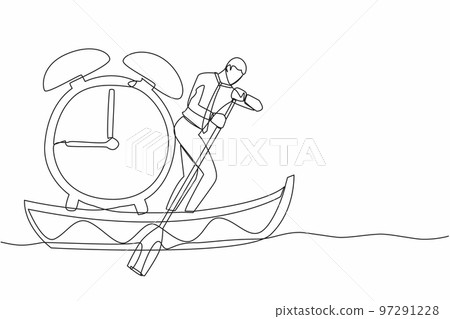 Single continuous line drawing of businessman standing in boat and sailing with alarm clock. Manager escape from project deadline. Time management problem. One line graphic design vector illustration 97291228
