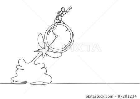 Single one line drawing robot riding alarm clock rocket flying in the sky. Manage to finish tech project with deadline. Robotic artificial intelligence. Continuous line draw design vector illustration Single one line drawing robot riding alarm clock rocket flying in the sky. Manage to finish tech project with deadline. Robotic artificial intelligence. Continuous line draw design vector illustration 97291234
