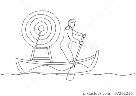 One continuous line drawing Arab entrepreneur standing in boat and sailing with dartboard target. Hard work achieve business mission and win competition. Single line draw design vector illustration One continuous line drawing Arab entrepreneur standing in boat and sailing with dartboard target. Hard work achieve business mission and win competition. Single line draw design vector illustration 97291236