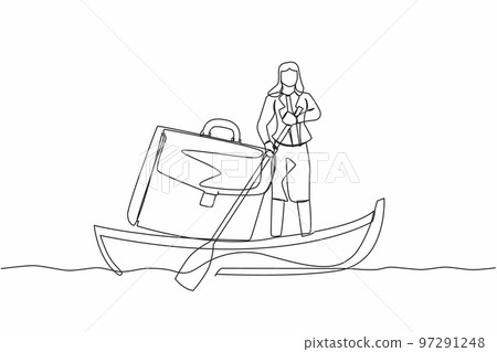Continuous one line drawing businesswoman sailing away on boat with briefcase. Employees planning for summer vacation. Take a break from busy office tasks. Single line draw design vector illustration Continuous one line drawing businesswoman sailing away on boat with briefcase. Employees planning for summer vacation. Take a break from busy office tasks. Single line draw design vector illustration 97291248