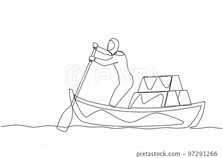 Single continuous line drawing Arab businesswoman standing in boat and sailing with stack of golden bullion. Successful investor or entrepreneur. Gold investment. One line design vector illustration Single continuous line drawing Arab businesswoman standing in boat and sailing with stack of golden bullion. Successful investor or entrepreneur. Gold investment. One line design vector illustration 97291266