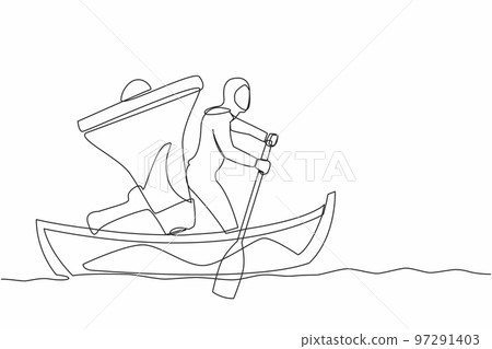 Single continuous line drawing Arabian businesswoman standing in boat and sailing with megaphone. Leader shout and motivating team to move forward for success. One line draw design vector illustration 97291403