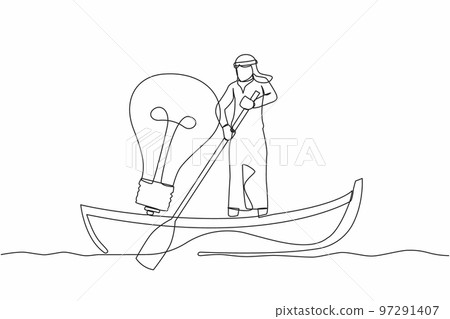 Continuous one line drawing Arab businessman sailing away on boat with light bulb. Success business idea, vision, and innovation for better company. Single line draw design vector graphic illustration Continuous one line drawing Arab businessman sailing away on boat with light bulb. Success business idea, vision, and innovation for better company. Single line draw design vector graphic illustration 97291407