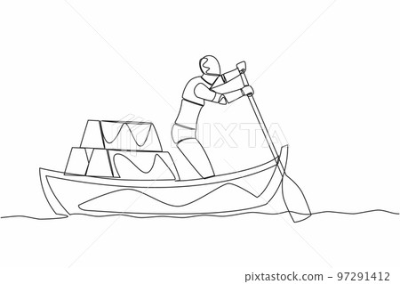 Single continuous line drawing robot sailing away on boat with stack of golden bullion. Gold investment in digital tech. Future technology development. One line draw graphic design vector illustration 97291412