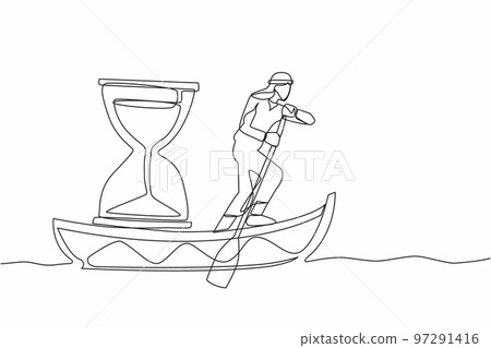 Single one line drawing Arab businessman sailing away on boat with hourglass. Office worker running out of time with business deadline. Motivation concept. Continuous line design vector illustration Single one line drawing Arab businessman sailing away on boat with hourglass. Office worker running out of time with business deadline. Motivation concept. Continuous line design vector illustration 97291416