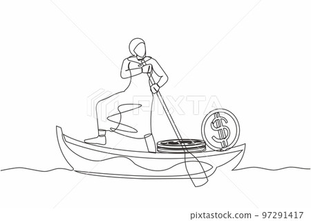 Single continuous line drawing Arab businesswoman standing in boat and sailing with stack of golden coin dollar. Successful investor entrepreneur. Gold investment. One line design vector illustration 97291417