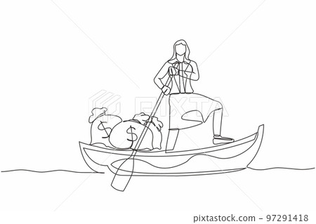 Single one line drawing of businesswoman sailing away on boat with money bag. Office worker escape with money. Financial success and profit concept. Continuous line design graphic vector illustration Single one line drawing of businesswoman sailing away on boat with money bag. Office worker escape with money. Financial success and profit concept. Continuous line design graphic vector illustration 97291418