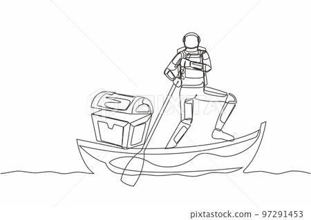 Continuous one line drawing astronaut sailing away on boat with treasure chest. Money laundering in shuttle launch mission. Cosmonaut outer space. Single line draw design vector graphic illustration 97291453