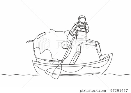 Single continuous line drawing astronaut sailing away on boat with piggy bank. Save money on the shuttle company due to crisis. Cosmonaut deep space concept. One line draw design vector illustration 97291457