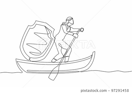 Single continuous line drawing Arab businessman sailing away on boat with shield. Business protection and precaution financial crime. Security and insurance. One line draw design vector illustration 97291458