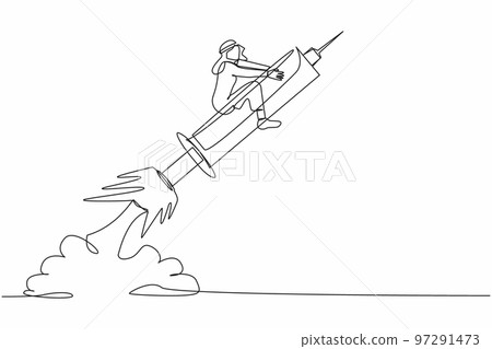 Continuous one line drawing active Arabian businessman riding syringe rocket flying in sky. Concept of boosting health, vaccines, viruses, medicine. Single line draw design vector graphic illustration Continuous one line drawing active Arabian businessman riding syringe rocket flying in sky. Concept of boosting health, vaccines, viruses, medicine. Single line draw design vector graphic illustration 97291473