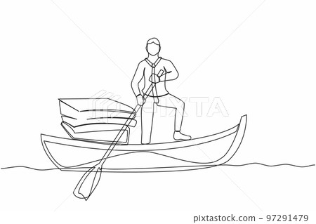 Single one line drawing businessman standing in boat and sailing with pile of papers. Manager escape from stack of documents, paperwork, overworked. Continuous line graphic design vector illustration 97291479