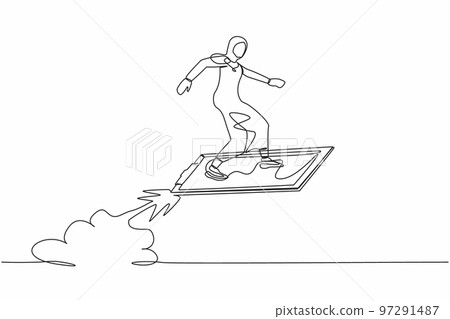 Continuous one line drawing Arabian businesswoman riding clipboard rocket flying in the sky. Checklist data analyze of employee status. Company development. Single line draw design vector illustration Continuous one line drawing Arabian businesswoman riding clipboard rocket flying in the sky. Checklist data analyze of employee status. Company development. Single line draw design vector illustration 97291487