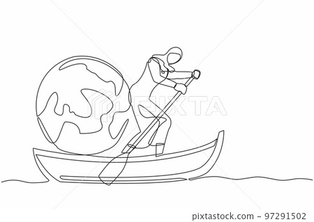 Single continuous line drawing Arab businesswoman standing in boat and sailing with globe. Taking trip around the world by ship. Tourism or travelling. One line draw graphic design vector illustration Single continuous line drawing Arab businesswoman standing in boat and sailing with globe. Taking trip around the world by ship. Tourism or travelling. One line draw graphic design vector illustration 97291502