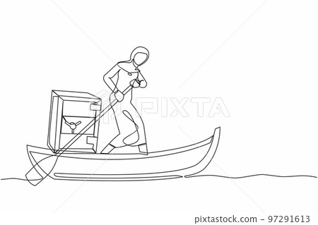 Continuous one line drawing Arab businesswoman standing in boat and sailing with safe deposit box. Escape with money. Criminal stole golden coin from bank. Single line draw design vector illustration 97291613