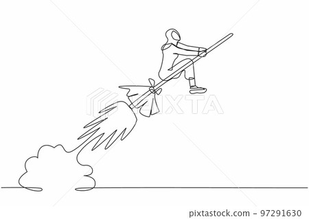 Single one line drawing Arab businesswoman riding broomstick rocket flying in sky. Successful business launch. Magical products in market competition. Continuous line draw design vector illustration Single one line drawing Arab businesswoman riding broomstick rocket flying in sky. Successful business launch. Magical products in market competition. Continuous line draw design vector illustration 97291630
