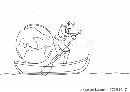 Single continuous line drawing businesswoman standing in boat and sailing with globe ball. Taking trip around the world by ship. Tourism or travelling. One line draw graphic design vector illustration Single continuous line drawing businesswoman standing in boat and sailing with globe ball. Taking trip around the world by ship. Tourism or travelling. One line draw graphic design vector illustration 97291647