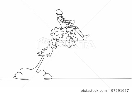 Single one line drawing robot riding gear rocket flying in the sky. Problem solving with tech mechanisms. Robotic artificial intelligence technology. Continuous line design graphic vector illustration Single one line drawing robot riding gear rocket flying in the sky. Problem solving with tech mechanisms. Robotic artificial intelligence technology. Continuous line design graphic vector illustration 97291657