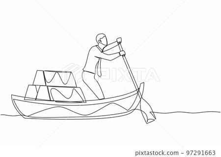 Single one line drawing businessman standing in boat and sailing with stack of golden bullion. Successful investor or entrepreneur. Gold investment. Continuous line graphic design vector illustration 97291663