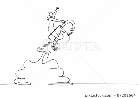 Single one line drawing Arab businesswoman riding padlock rocket flying in the sky. Increasing startup business protection. Guarding cash flow of money. Continuous line draw design vector illustration 97291664