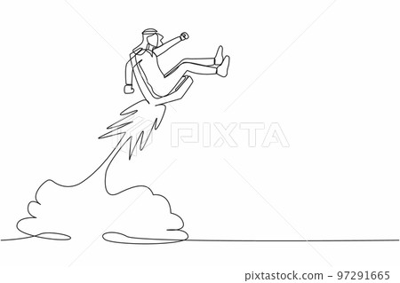 Single continuous line drawing active Arab businessman riding office chair rocket flying in the sky. Boost career development, job promoted to higher position. One line draw design vector illustration 97291665