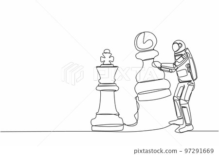 Continuous one line drawing astronaut holding pawn chess piece to beat king chess. Struggle for influence of space business. Cosmonaut outer space. Single line draw design vector graphic illustration Continuous one line drawing astronaut holding pawn chess piece to beat king chess. Struggle for influence of space business. Cosmonaut outer space. Single line draw design vector graphic illustration 97291669