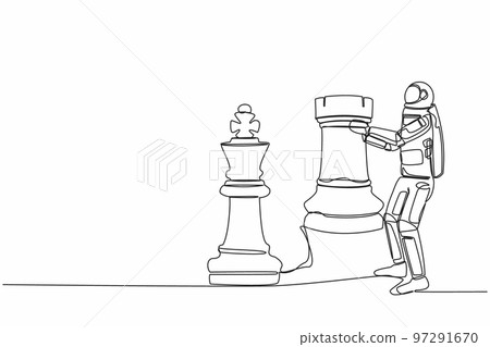 Single one line drawing astronaut holding rook chess piece to beat king chess. Power to rule interplanetary region. Cosmic galaxy space concept. Continuous line draw design graphic vector illustration Single one line drawing astronaut holding rook chess piece to beat king chess. Power to rule interplanetary region. Cosmic galaxy space concept. Continuous line draw design graphic vector illustration 97291670