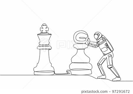 Continuous one line drawing astronaut push huge pawn chess piece to take down king. Big dreams conquer intergalactic exploration. Cosmonaut outer space. Single line design vector graphic illustration 97291672