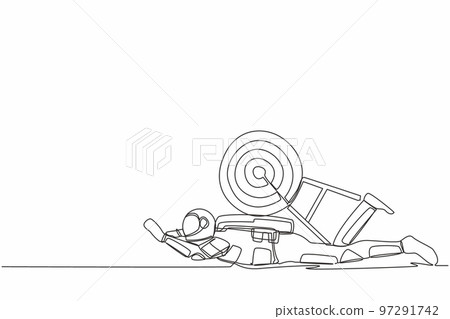 Single continuous line drawing of young astronaut under heavy target burden. Exhausted to achieve spaceship business competition. Cosmonaut deep space. One line draw design vector graphic illustration Single continuous line drawing of young astronaut under heavy target burden. Exhausted to achieve spaceship business competition. Cosmonaut deep space. One line draw design vector graphic illustration 97291742