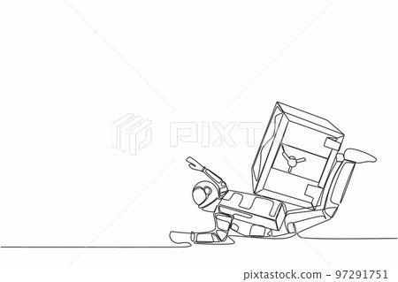 Continuous one line drawing young astronaut under heavy safe deposit box burden. Impact in pandemic crisis, bankruptcy at space industry. Cosmonaut outer space. Single line design vector illustration Continuous one line drawing young astronaut under heavy safe deposit box burden. Impact in pandemic crisis, bankruptcy at space industry. Cosmonaut outer space. Single line design vector illustration 97291751